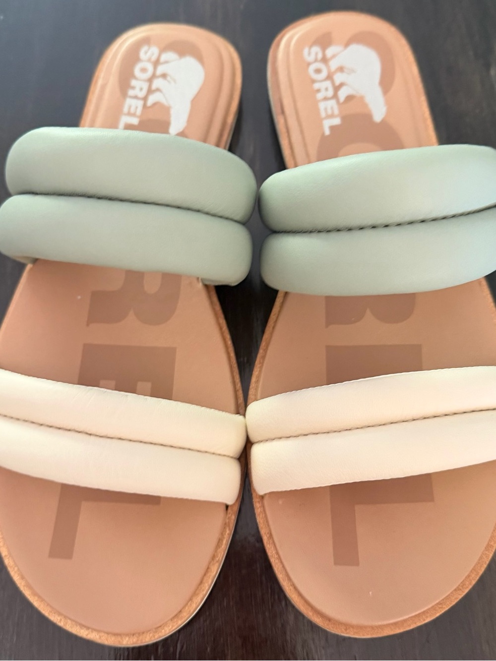 Sorel Women's Padded Slide Sandals in Mint and Cream - Picture 2 of 6